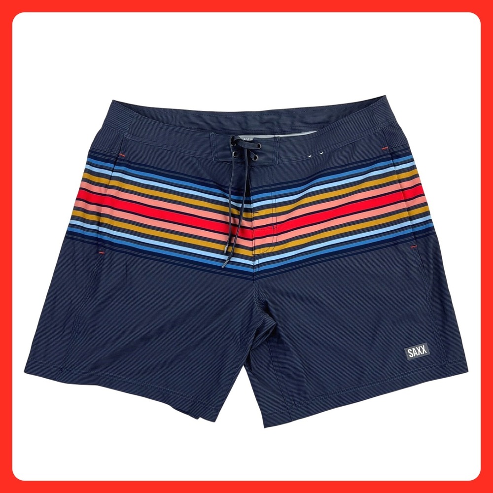 SAXX Betawave 2N1 Board Shorts Men's 38 Navy Blue Striped BallPark Pouch SXSW01L